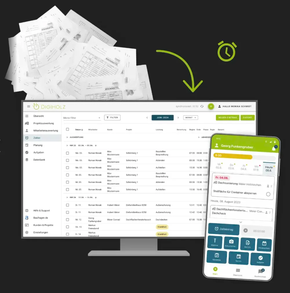 Digiholz Software: Vom Stundenzettel zur digitalen Zeiterfassung auf Desktop und Smartphone
